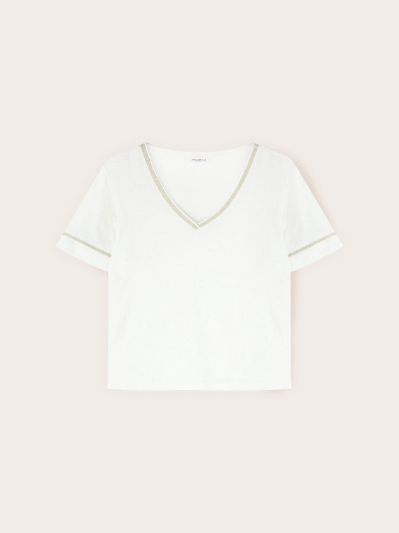 Mixed linen T-shirt with gold-colored trim