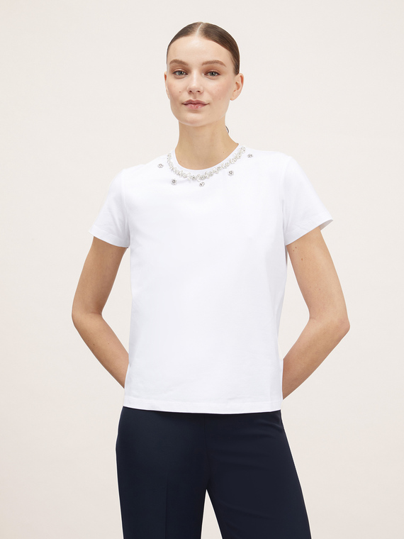 T-shirt with stone-embroidered neckline