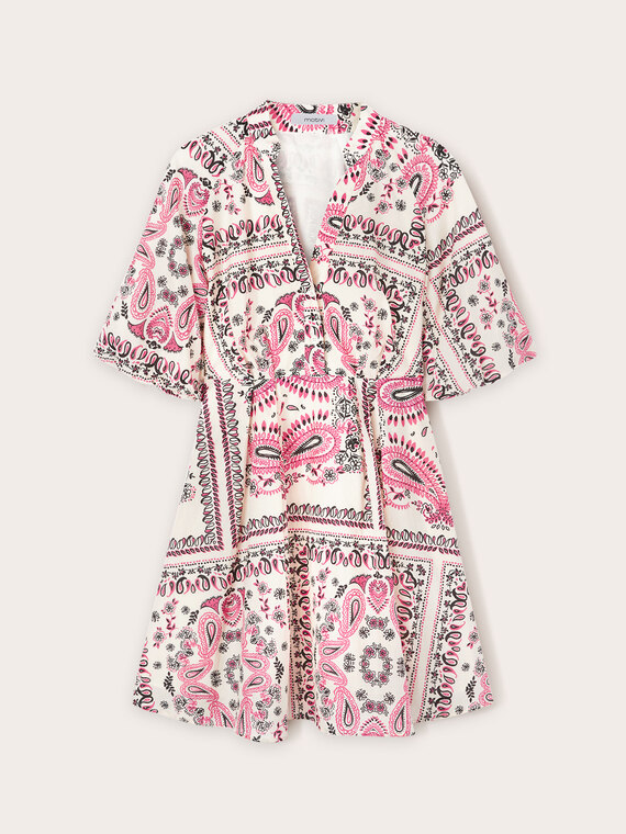 Foulard-patterned flared short dress