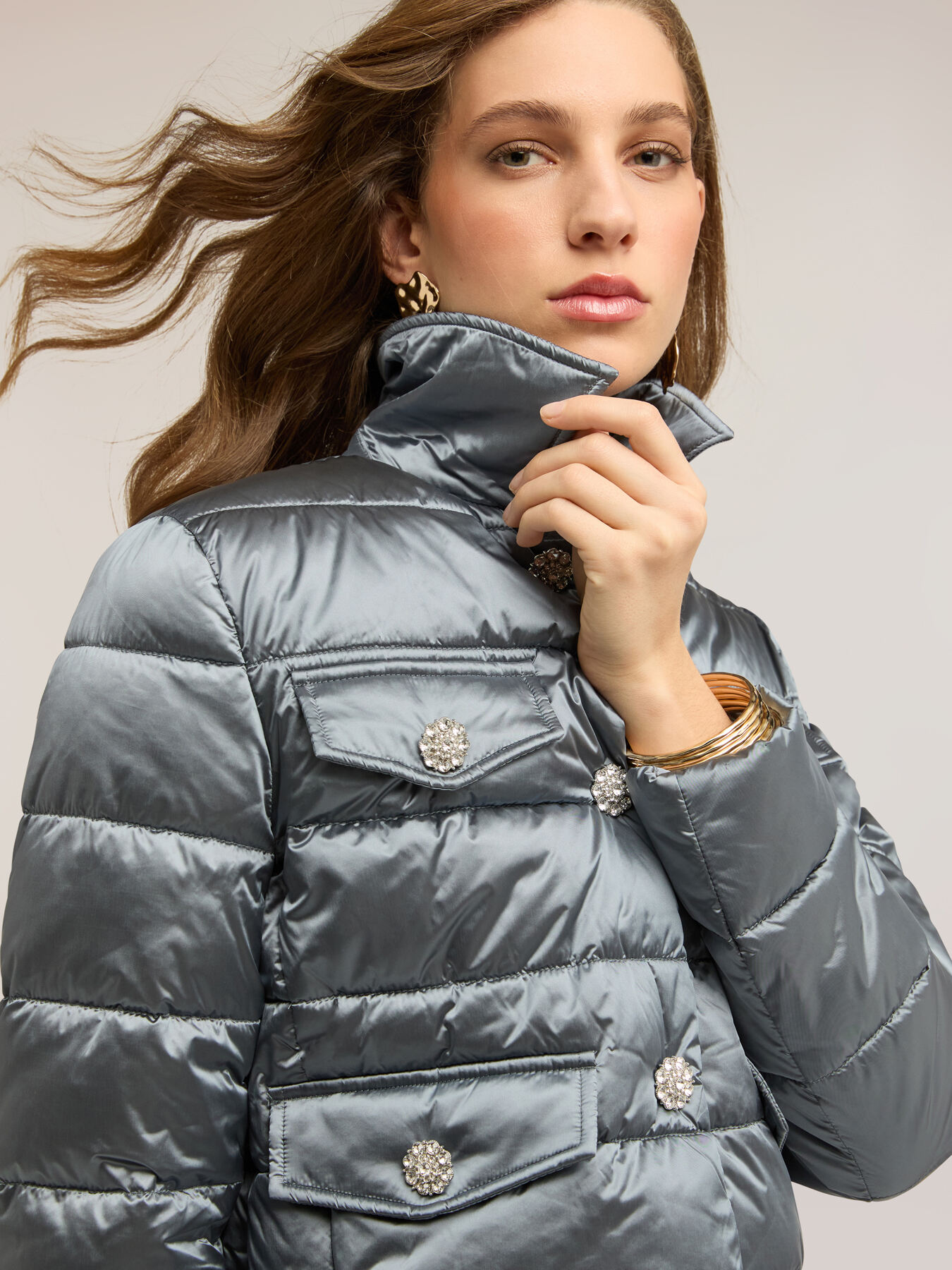 Short lightweight down jacket with jewel buttons image number 0