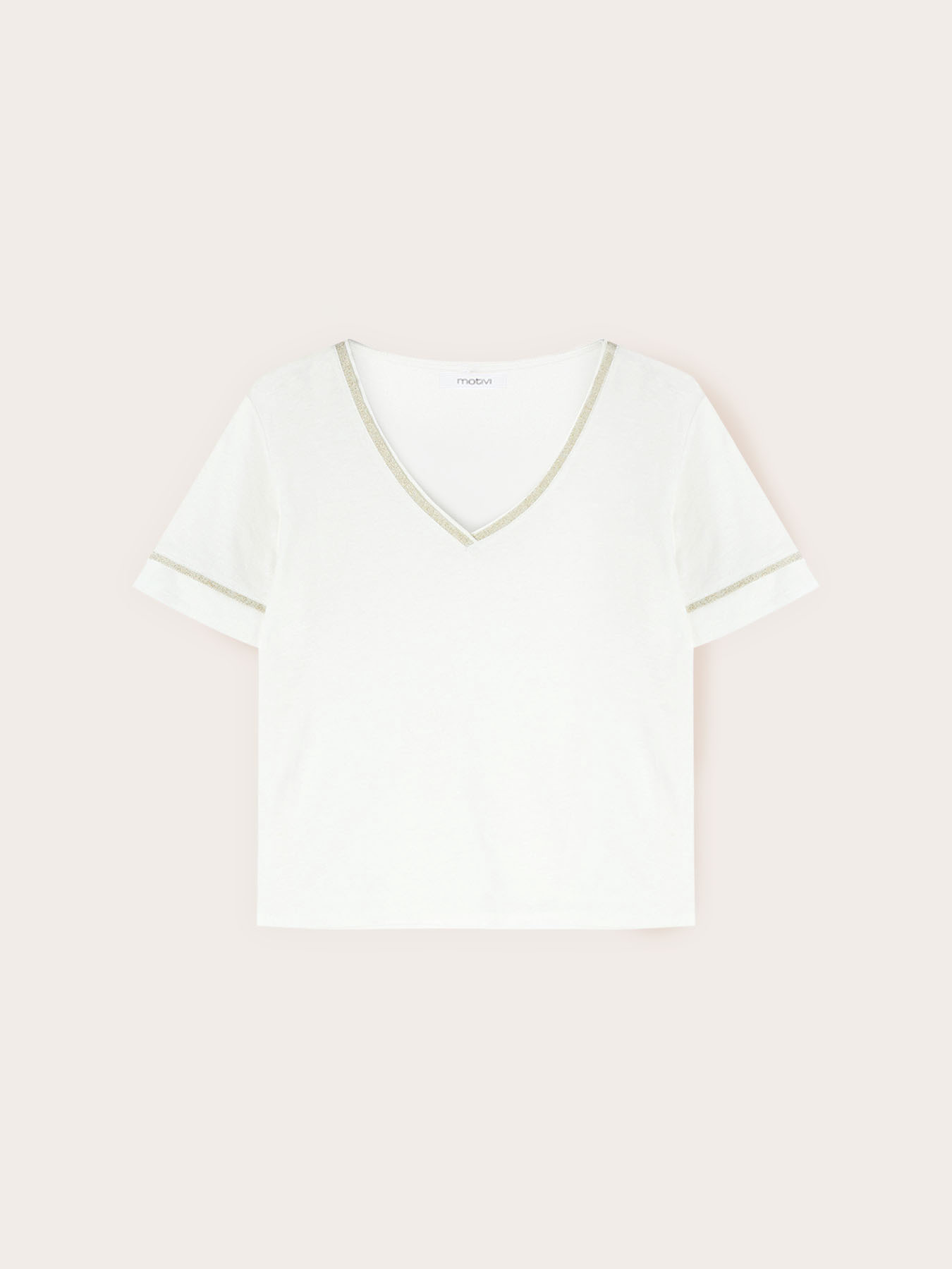 Mixed linen T-shirt with gold-colored trim image number 4