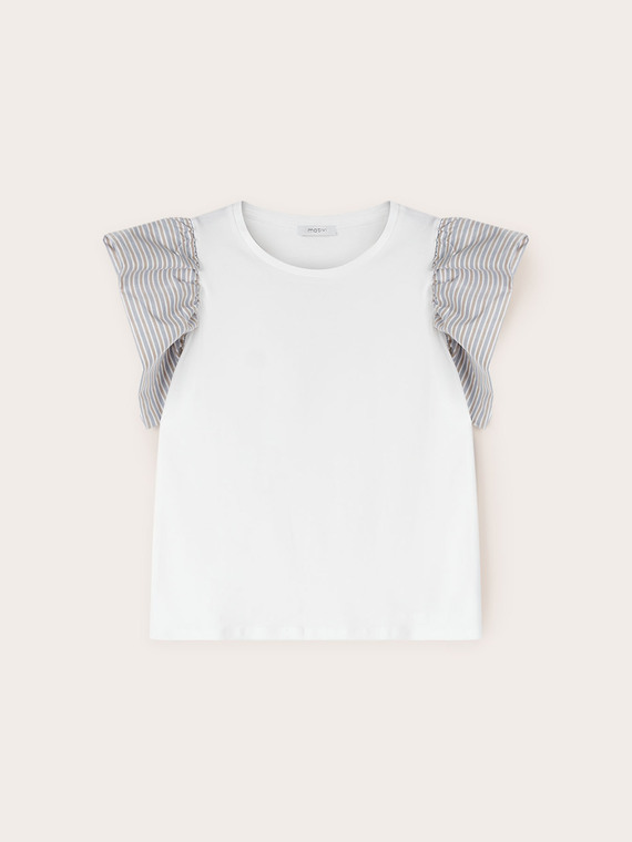 T-shirt with striped flounce sleeves