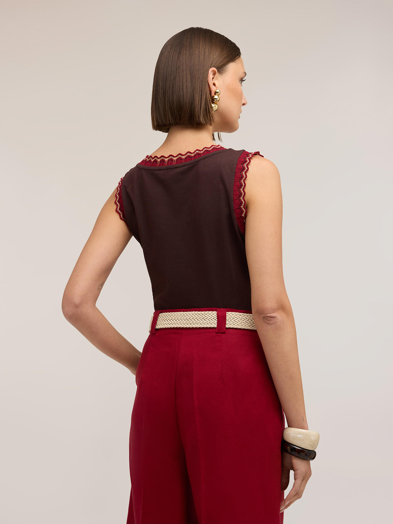 Jersey top with knit trim image number 1