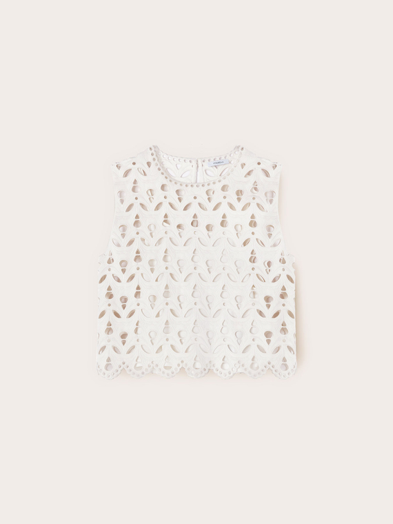 Top in tessuto coated effetto sangallo