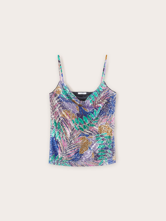 Jungle pattern embroidered draped top