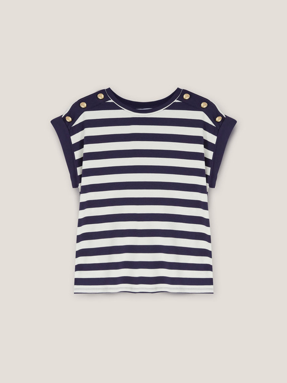 Marineblaues gestreiftes T-Shirt mit dekorativer Knopfleiste
