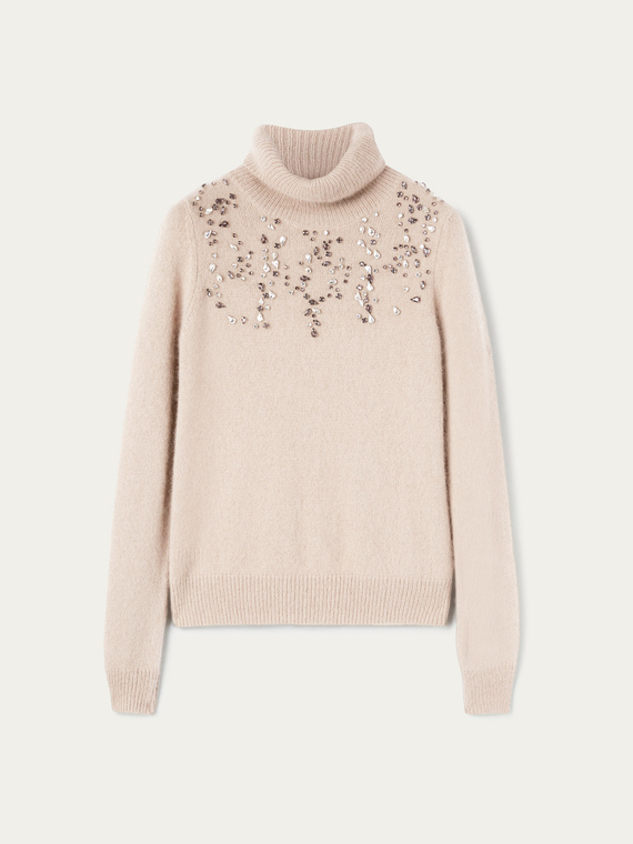 Oversize angora blend turtleneck sweater with stone embroidery