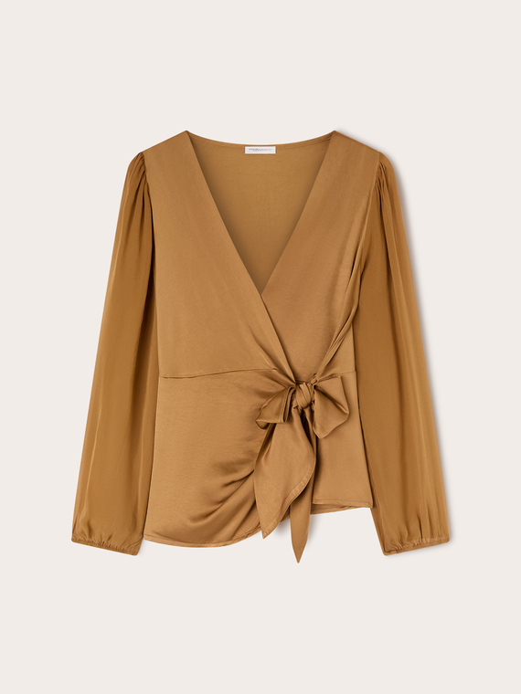 Satin blouse with V-neck and bow