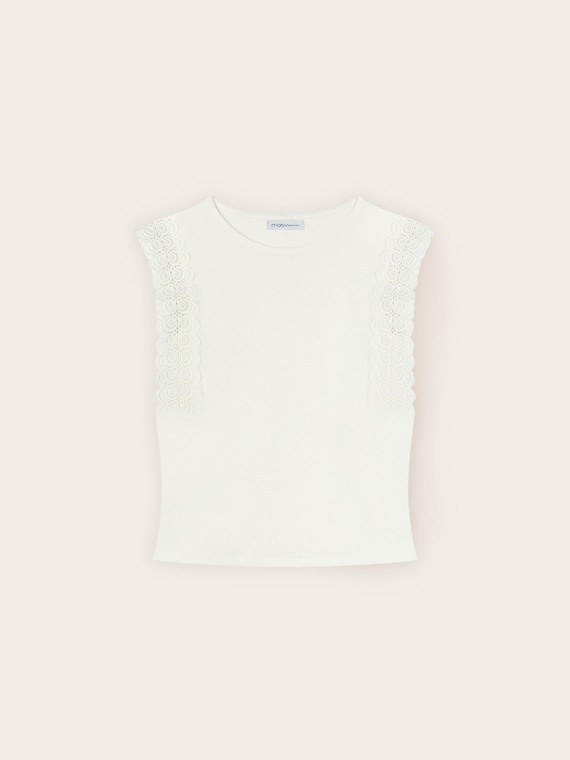 Mixed linen T-shirt with lace inserts