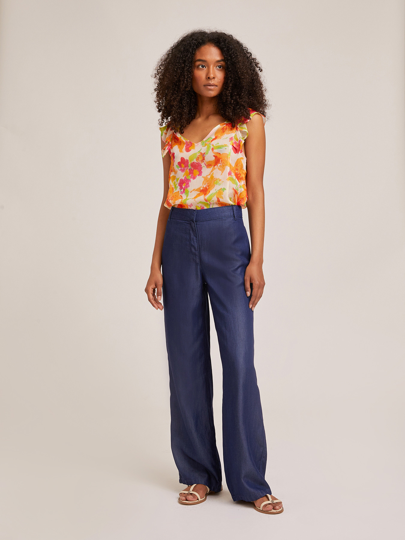 Flowing lyocell denim-effect palazzo trousers image number 0