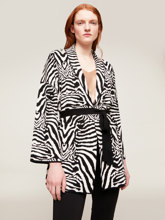 Long zebra pattern jacquard cardigan