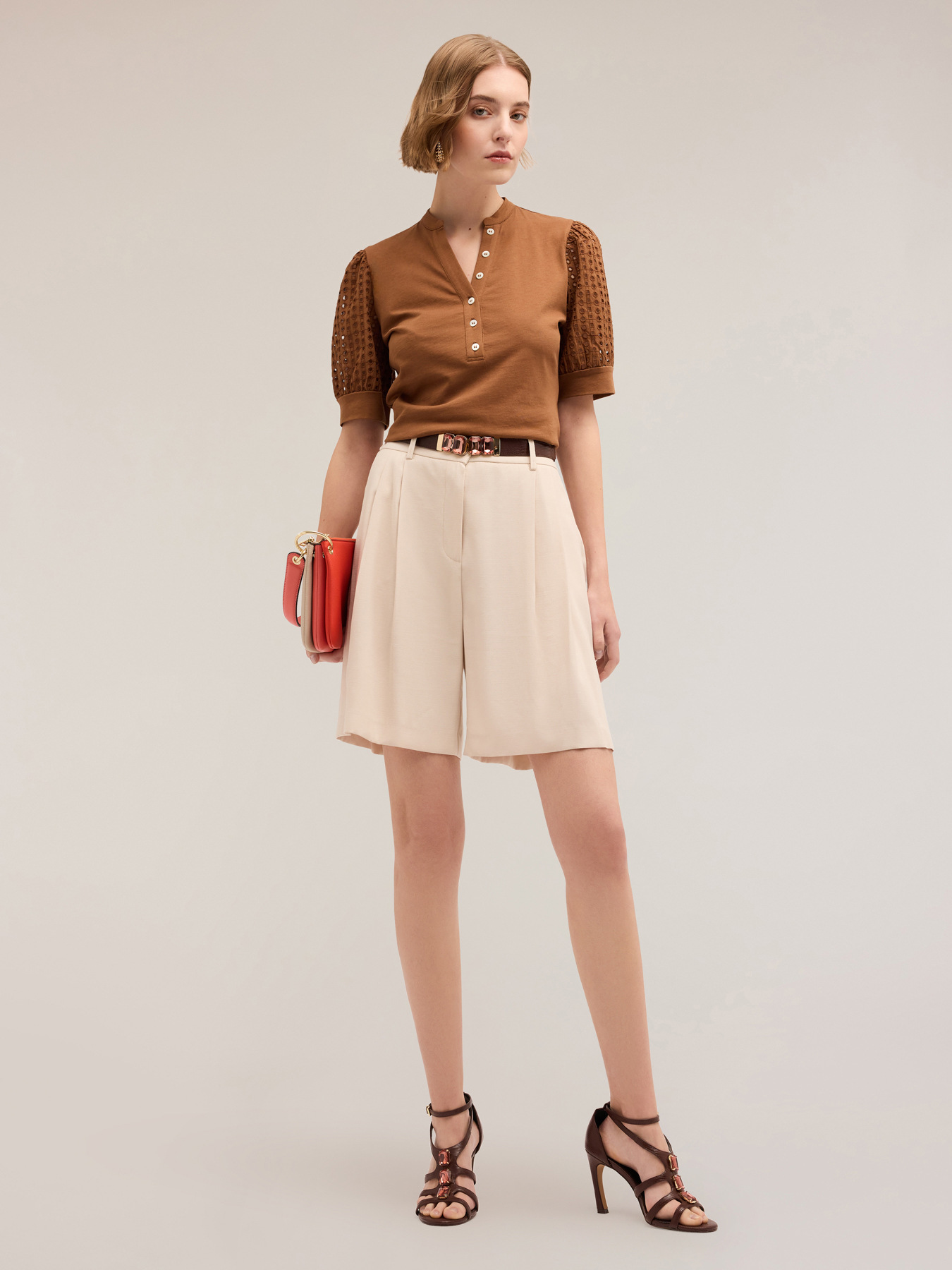 T-shirt with keyhole and broderie anglaise sleeves image number 3
