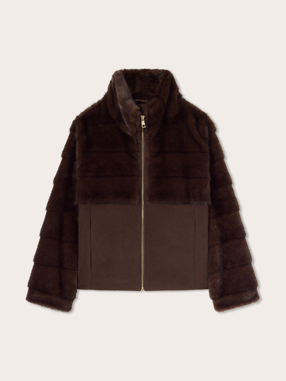 Quilted bi-material jacket with faux fur effect