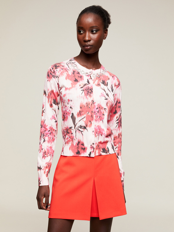 Short floral patterned cashmere blend cardigan