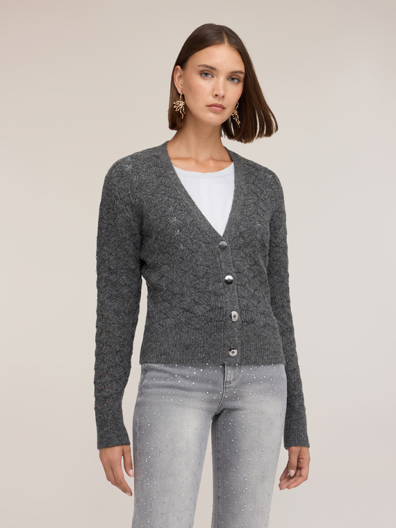 Short cardigan with lurex fan-stitch knit