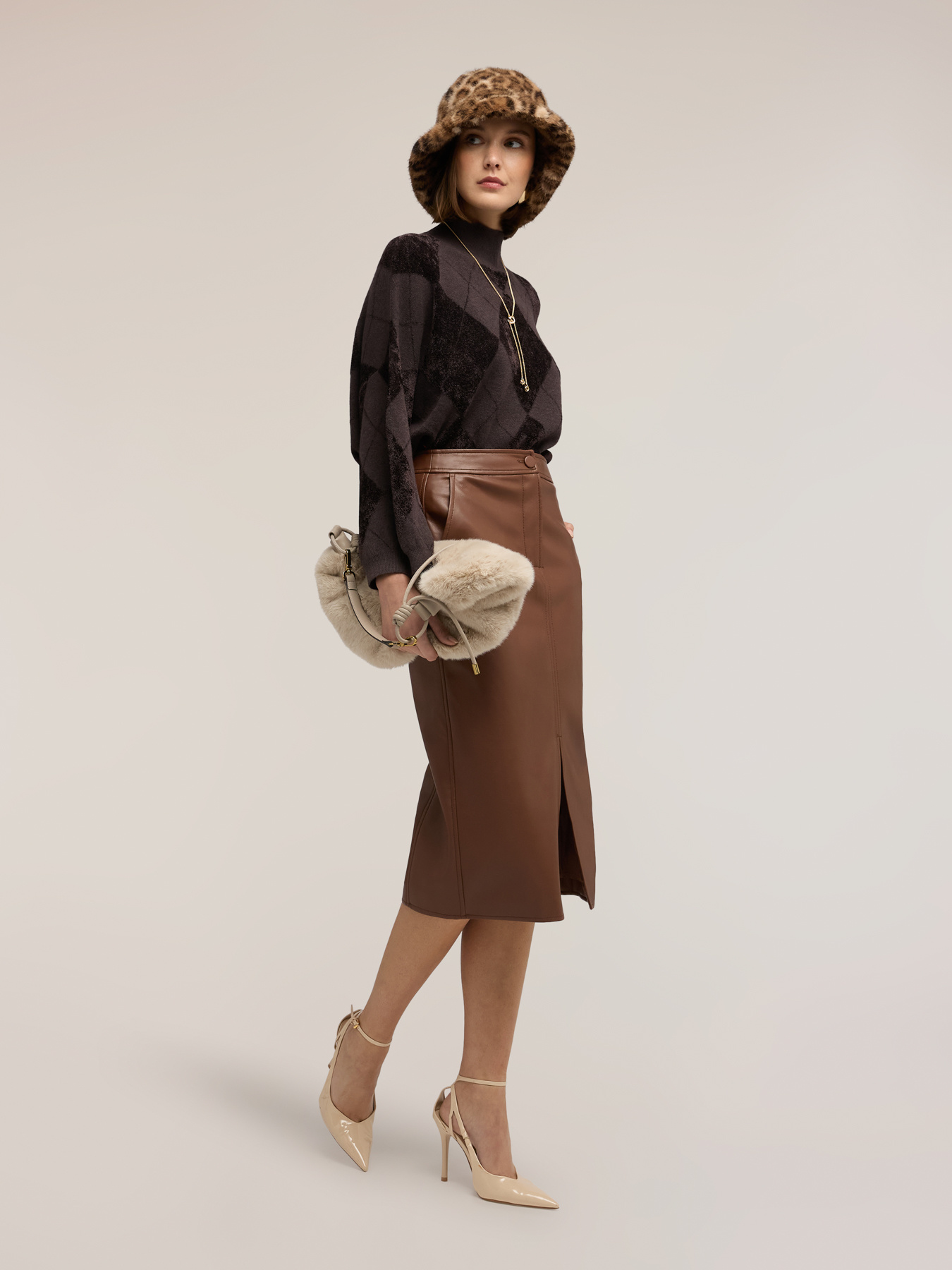 Pulover cu guler &icirc;nalt din chenille cu model argyle image number 0