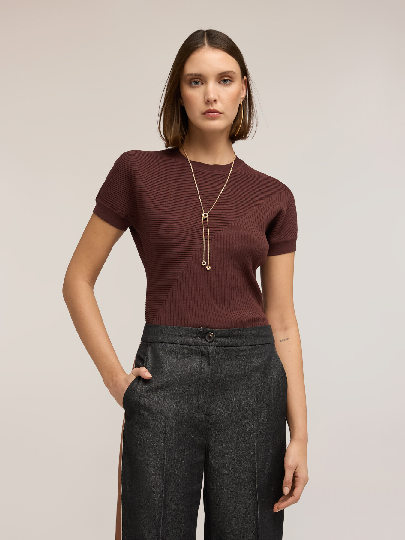 Ribbed knit top with kimono sleeve image number 2