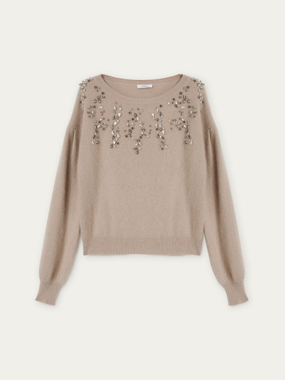 Oversize angora blend sweater with stone embroidery
