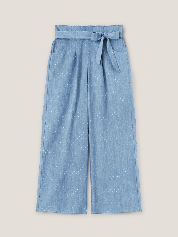 Denim-effect cropped trousers with rhinestones