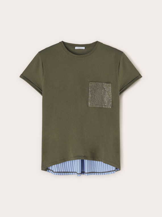 Dual-material T-shirt with rhinestone pocket