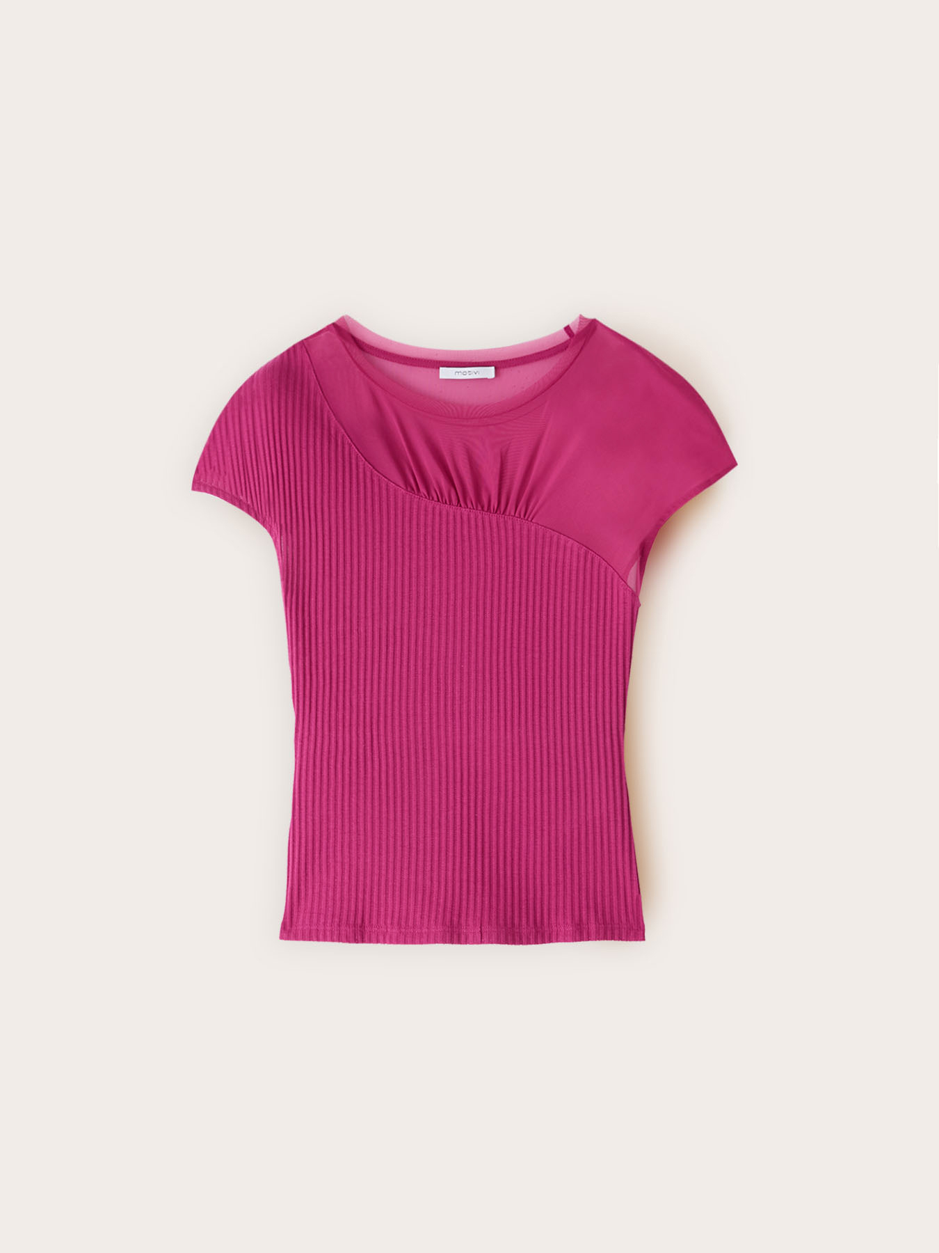 Bi-material t-shirt with draped insert image number 3