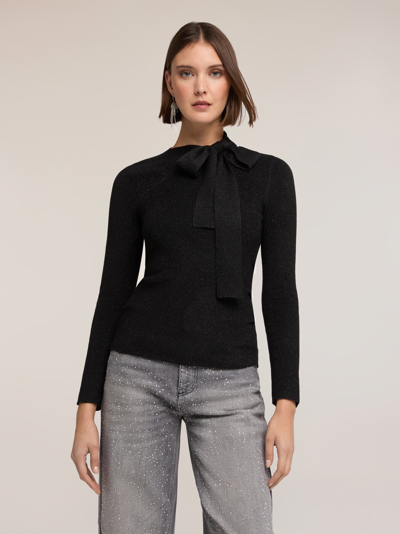 Ribbed lurex sweater with bow image number 0