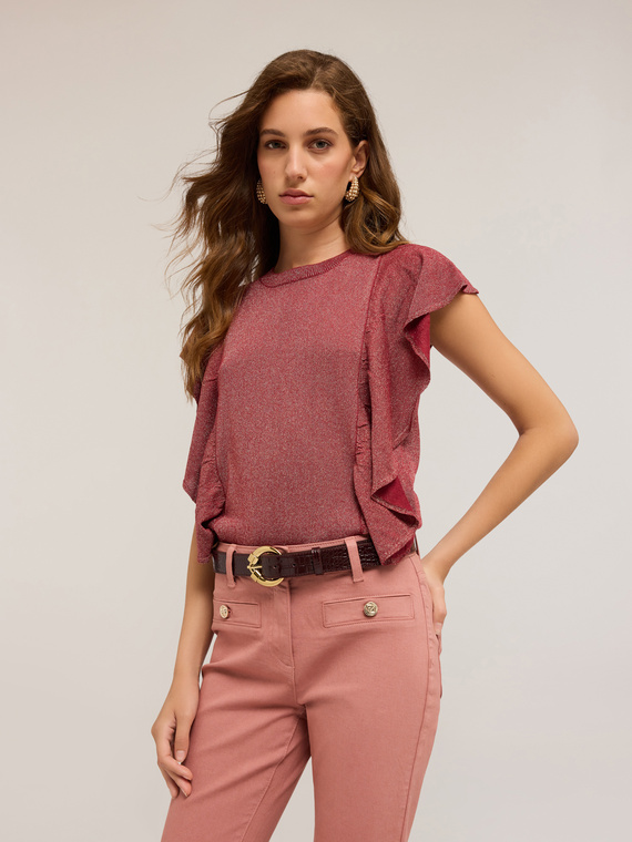 Lurex-Pullover mit seitlichen Volants