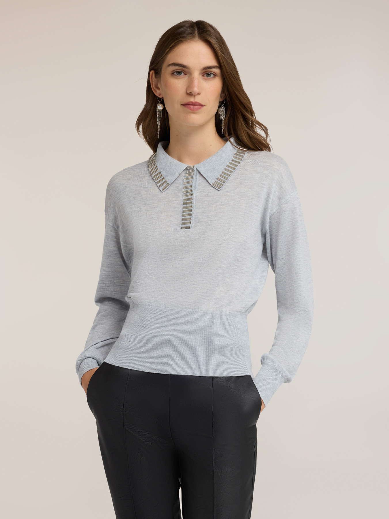 Wool blend polo sweater with ribbed trims image number 0