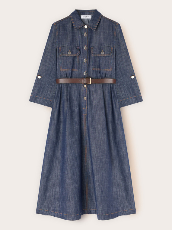 Robe chemise midi en denim avec ceinture