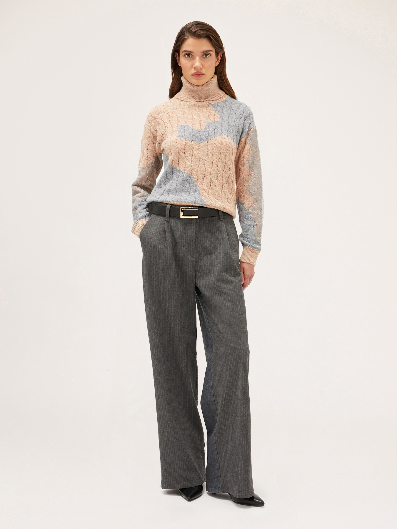 Jacquard-Rollkragenpullover mit Patchwork-Spitze image number 0