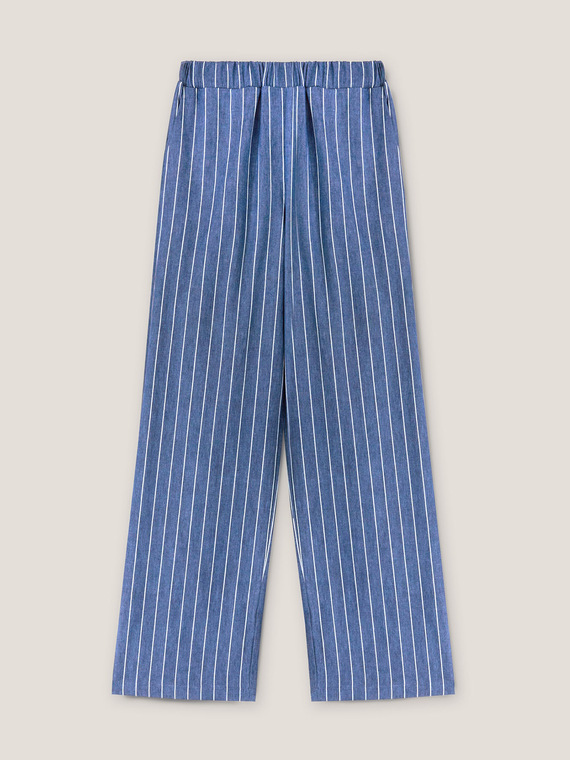 Pantaloni larghi gessati in cotone effetto denim