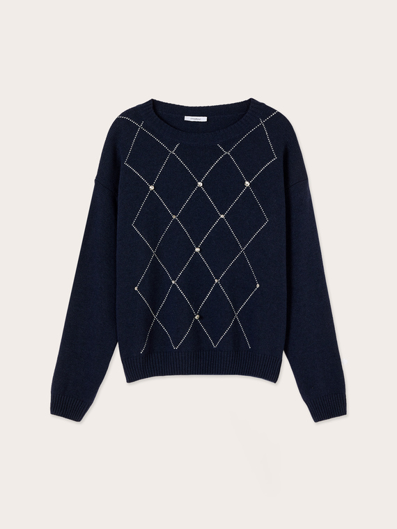 Rautenmuster-Strickpullover mit Strass-Applikationen