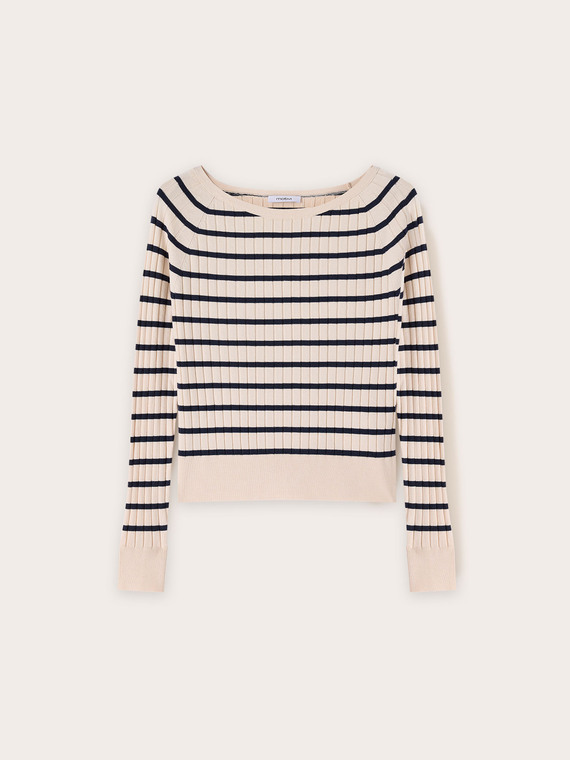 Boat neck sweater in flat rib knit