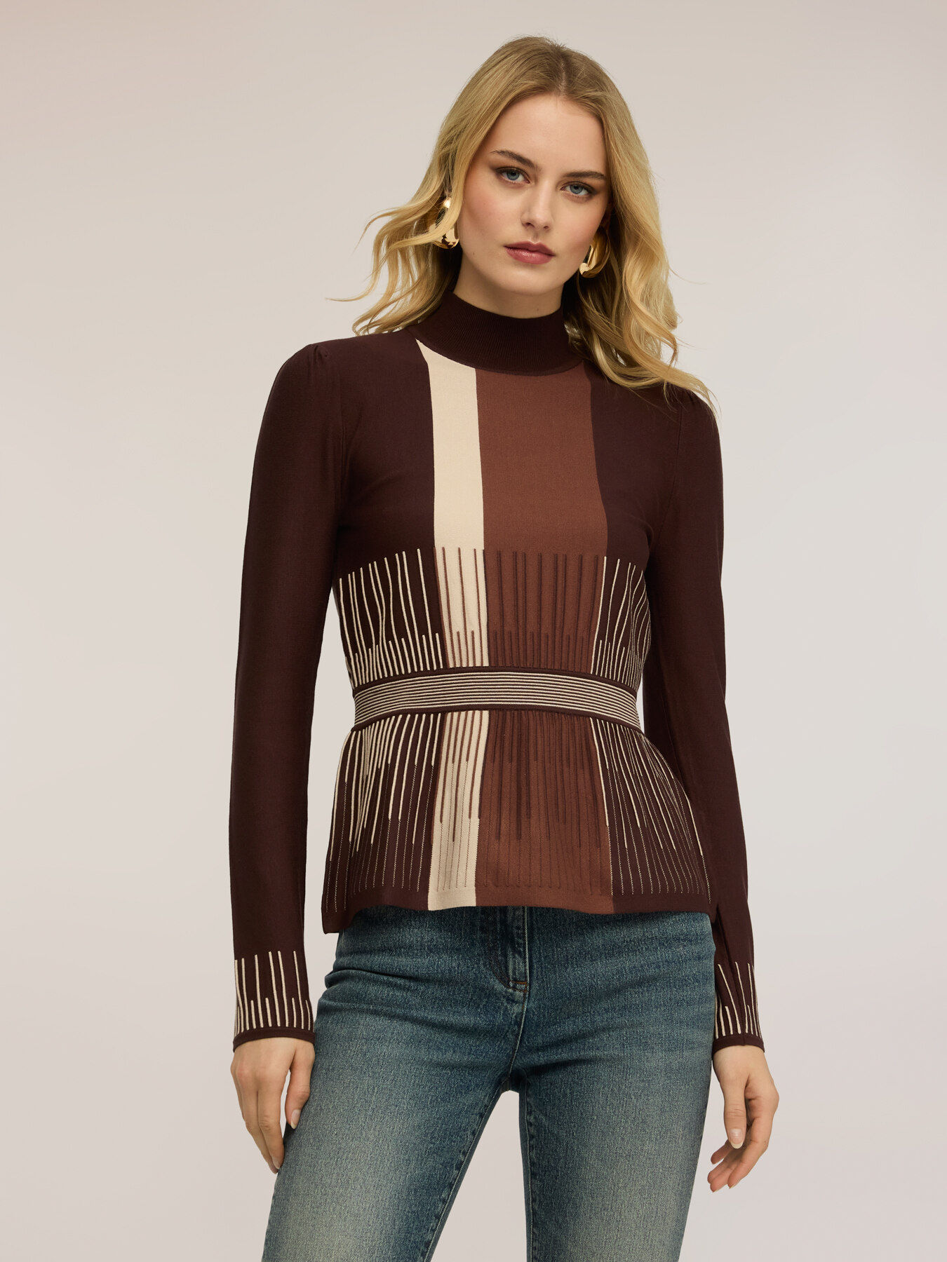 Striped turtleneck sweater with peplum cut image number 0