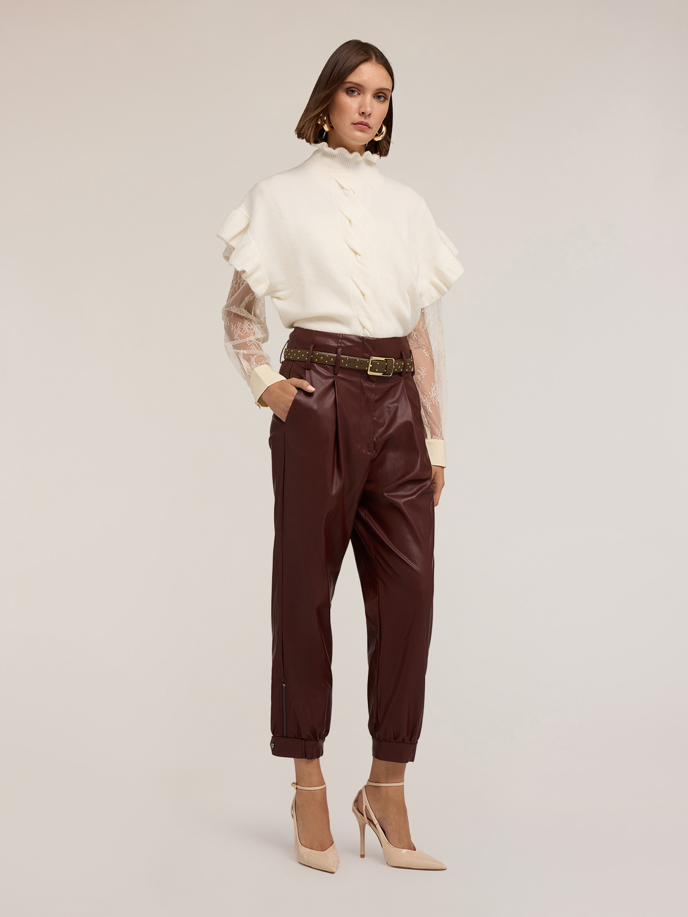 Oversize-Pullover mit Zopfmuster und R&uuml;schen image number 0
