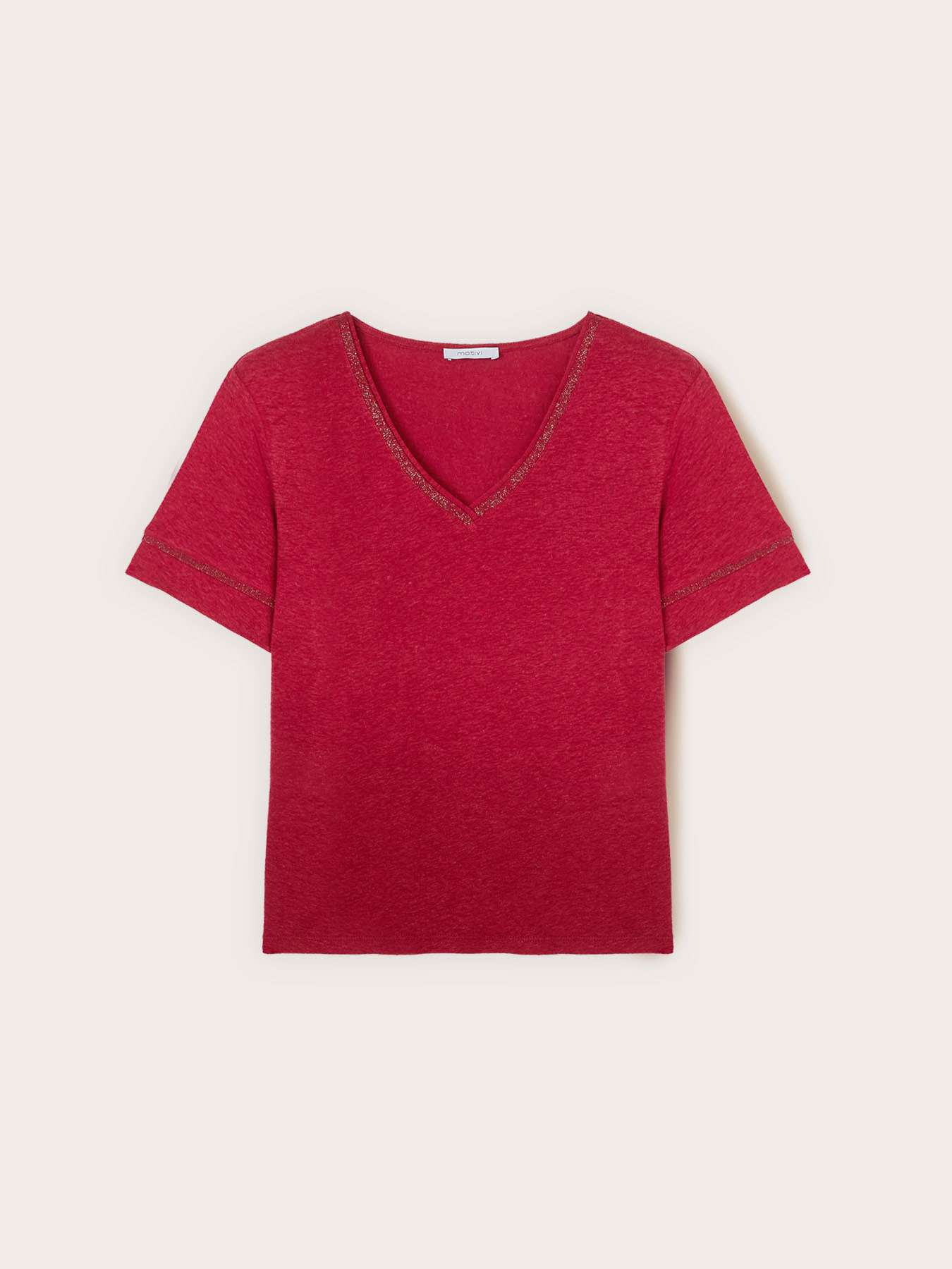 Mixed linen T-shirt with gold-colored trim image number 4