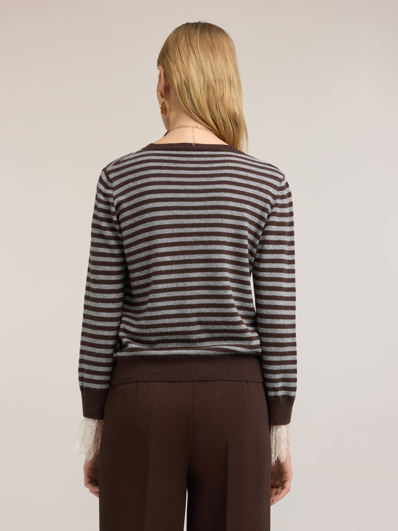 Striped knit cardigan with lace cuffs image number 1