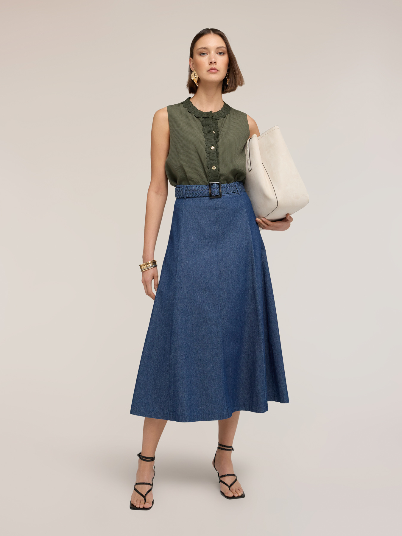 Top misto lyocell con bordi in maglia image number 3