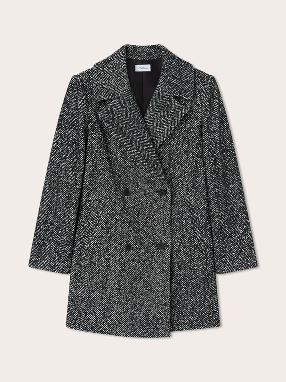 Double-breasted coat in herringbone yarn-dyed fabric