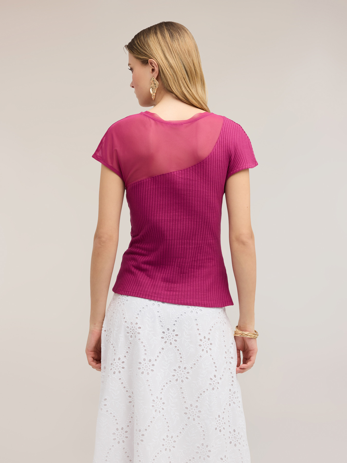Bi-material t-shirt with draped insert image number 1