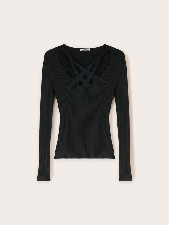 Ribbed sweater with knitted neckline
