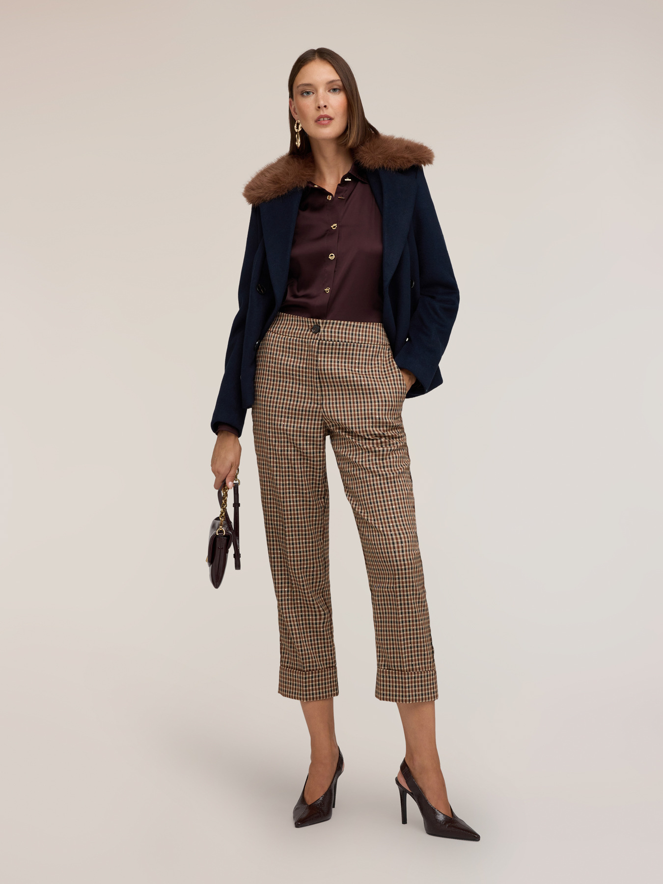 Pantalon cropped &agrave; motif check lurex image number 0