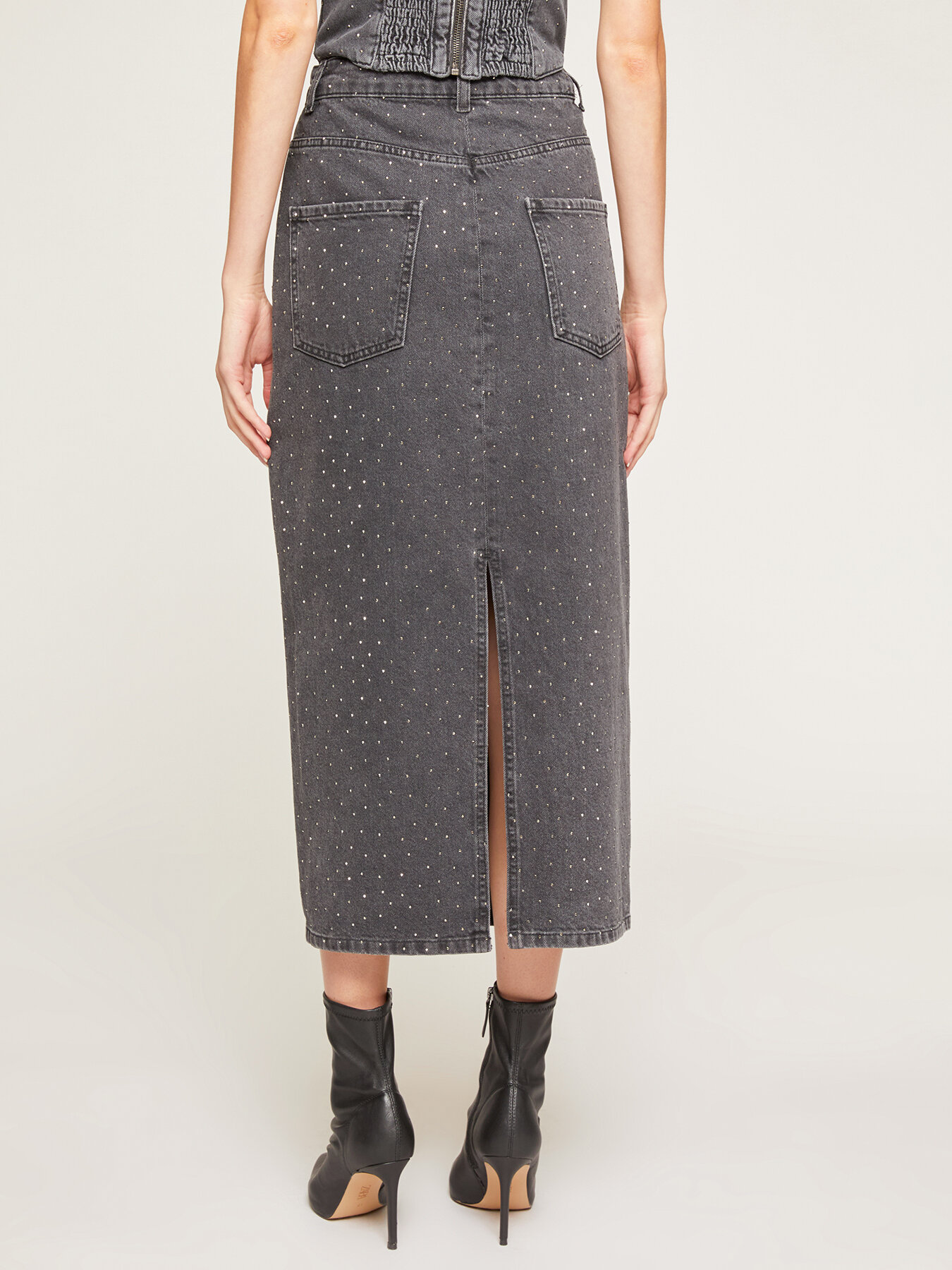 Jupe longue avec fente en denim avec strass image number 1