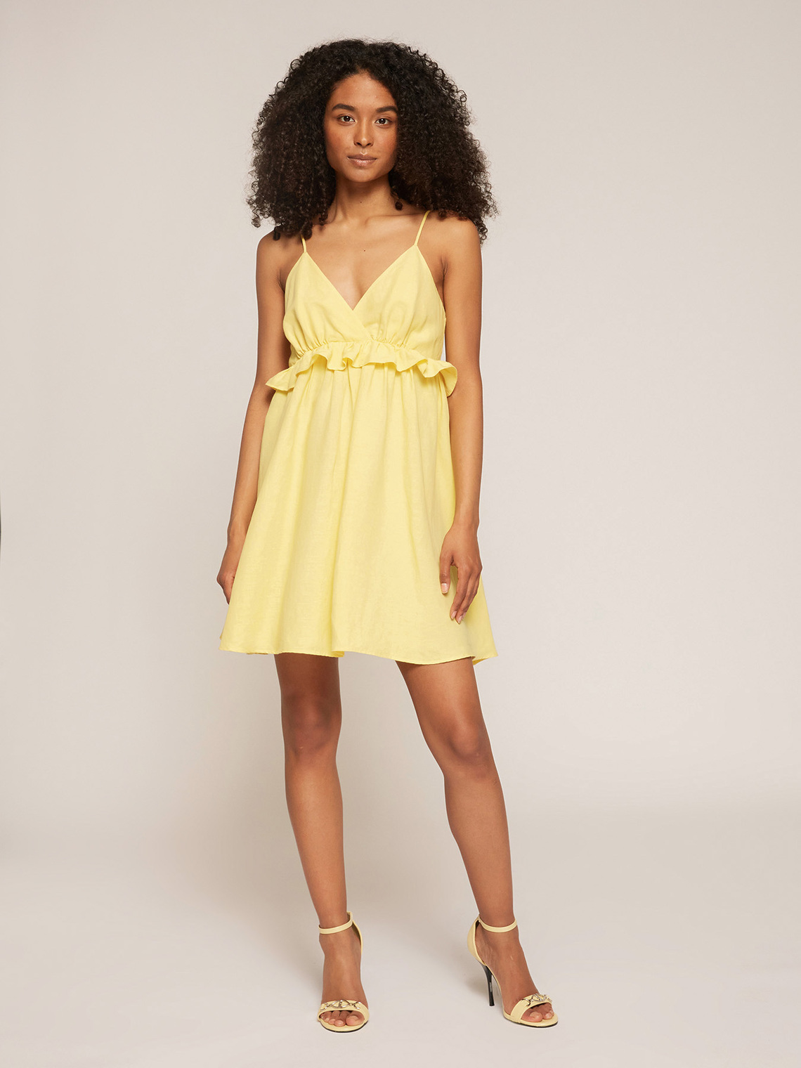Linen blend short dress with ruching 