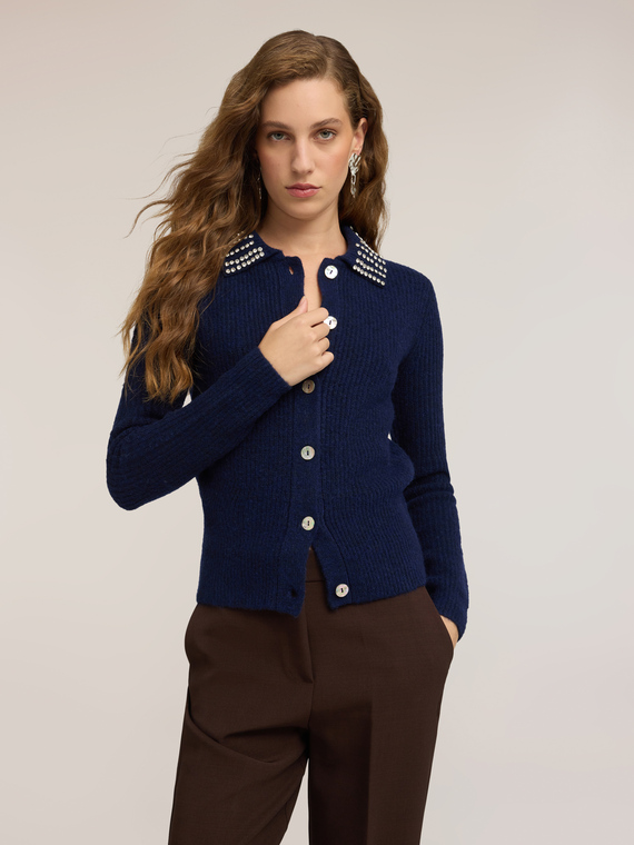 Knit cardigan with jeweled collar