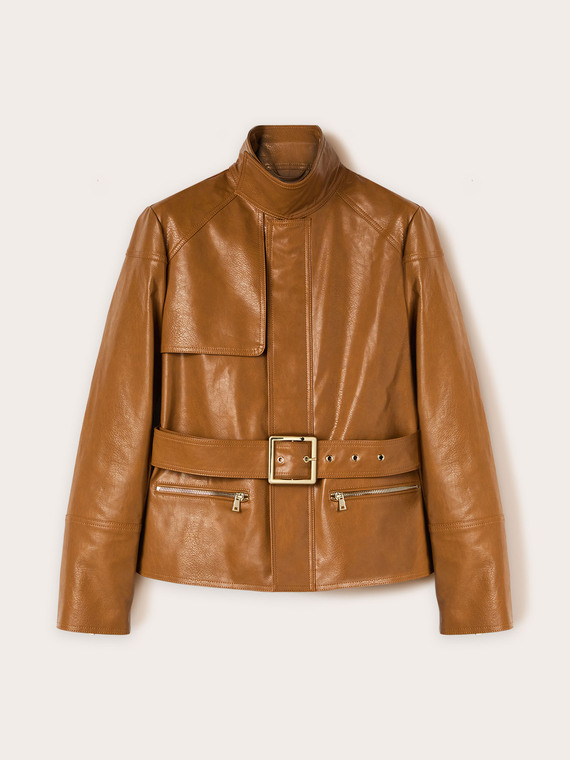 Belted jacket in coated fabric
