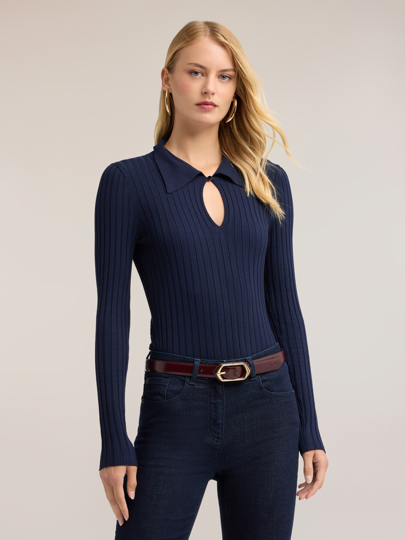 Ribbed viscose polo sweater with cut-out image number 3