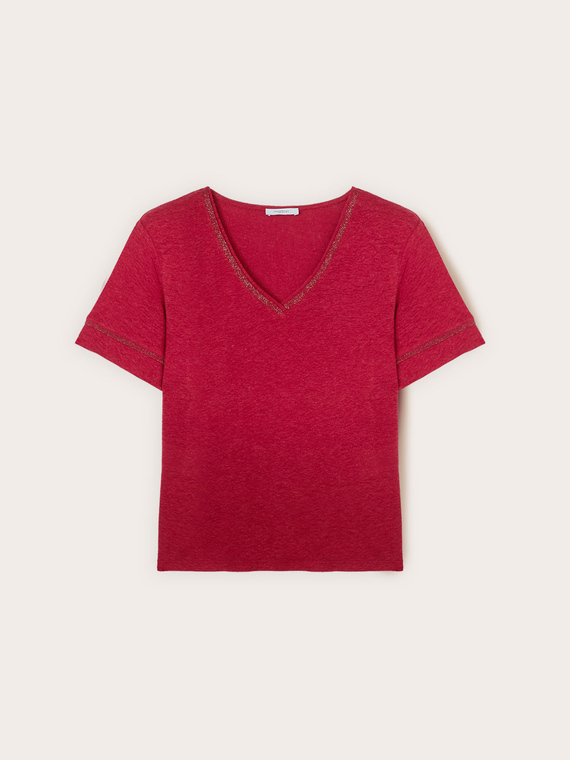 Mixed linen T-shirt with gold-colored trim