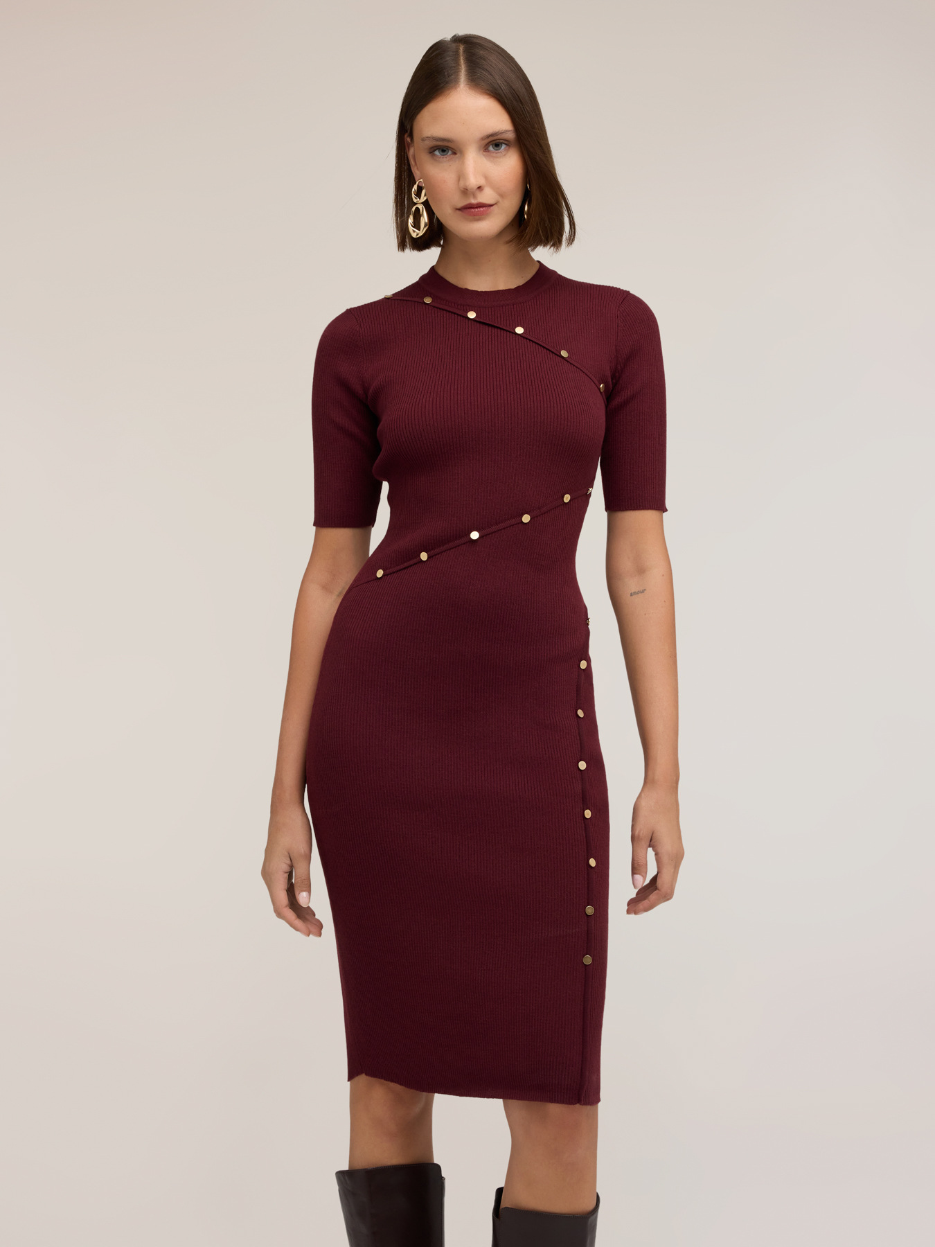 Ribbed knit sheath dress with button detailing image number 2