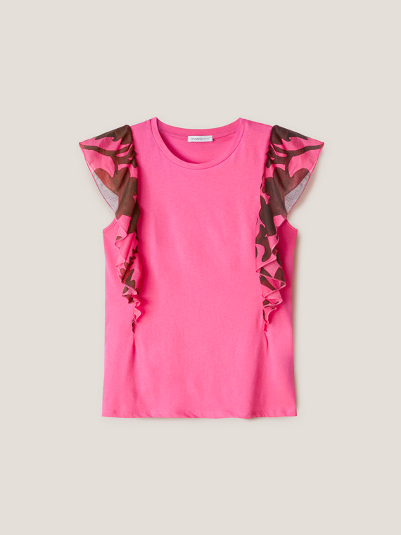T-shirt with floral patterned ruffle sleeves